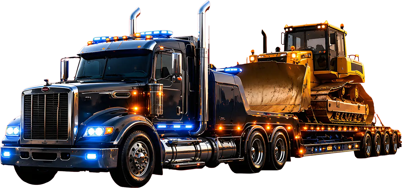 Heavy-duty tow truck carrying construction equipment